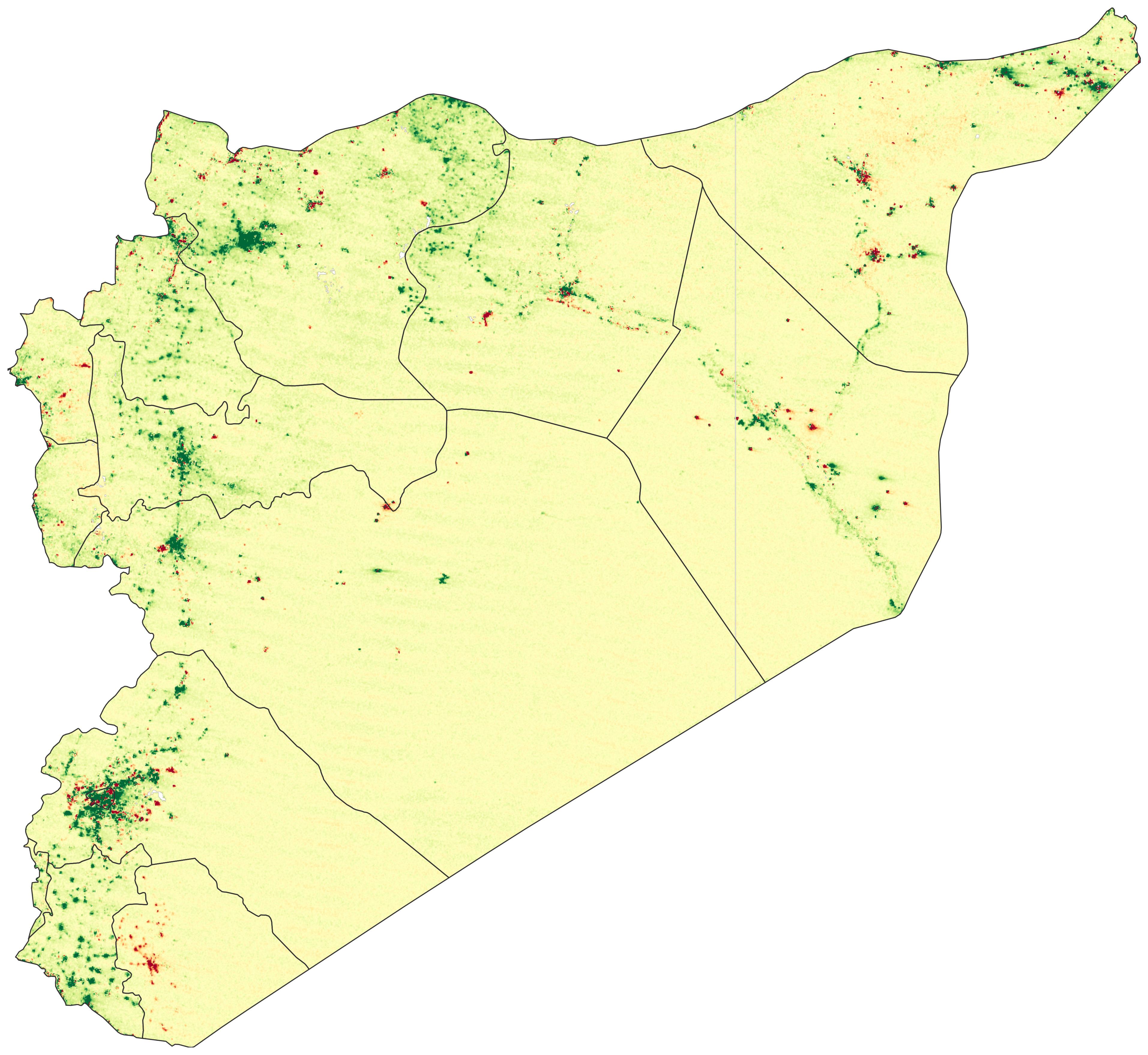 Syria luminosity difference map, Oct 2024 vs Oct 2025